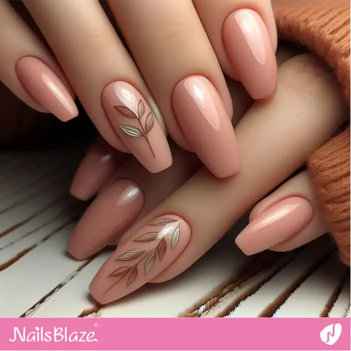 Minimal Leaf Design on Peach Fuzz Nails | Nature-inspired Nails - NB1671